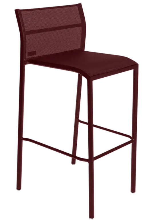 Black Fermob Cadiz bar stool outdoor metal chair with a sleek black cherry finish, designed for outdoor bar seating.