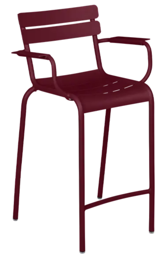 Load image into Gallery viewer, Black Fermob Luxembourg high armchair with a bar design, featuring a sleek black cherry finish and modern outdoor seating style.
