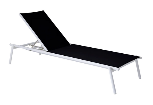 Fermob Pilotis V. Batyline® black sunlounger with a sleek design, perfect for poolside lounging and outdoor relaxation.