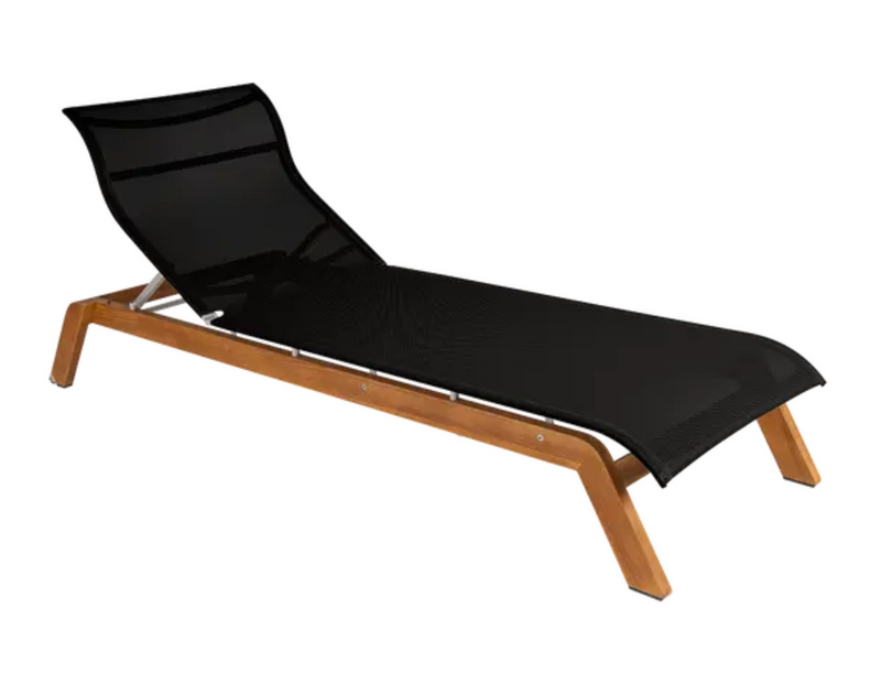 Load image into Gallery viewer, Fermob Maui teak sunlounger with black Batyline fabric and teak base, outdoor furniture for relaxing in the sun.
