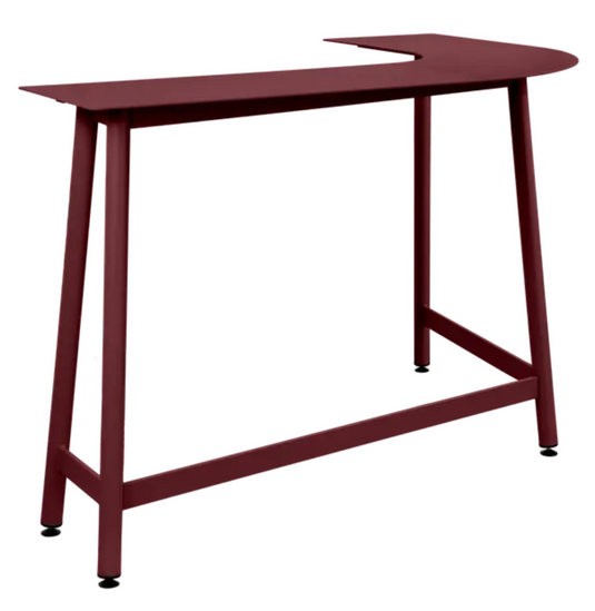 Black Cherry Fermob Bolder Corner Counter bar stool, outdoor garden bench with foxed metal finish and two-seater design.