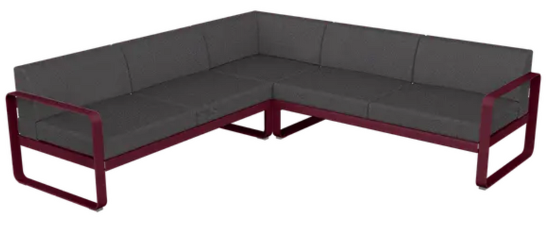 Load image into Gallery viewer, Fermob Bellevie Composition 2 outdoor lounge sofa set with black, cherry, graphite, and grey cushions on a patio.
