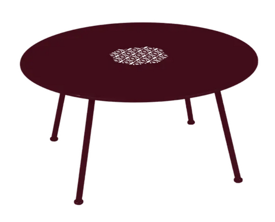 Black Fermob LORETTE low metal coffee table with an 80 cm diameter, suitable for outdoor use and fire-resistant.