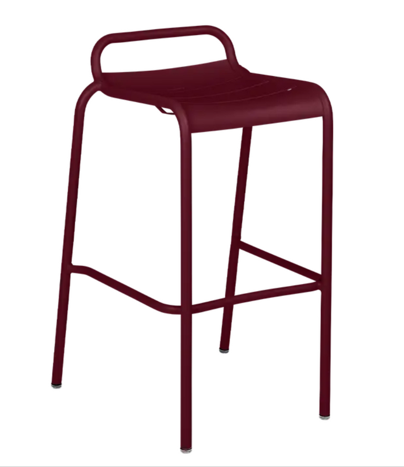 Load image into Gallery viewer, Black Cherry Fermob Luxembourg bar stool, outdoor dining chair with sleek design, ideal for restaurant or home patio seating.
