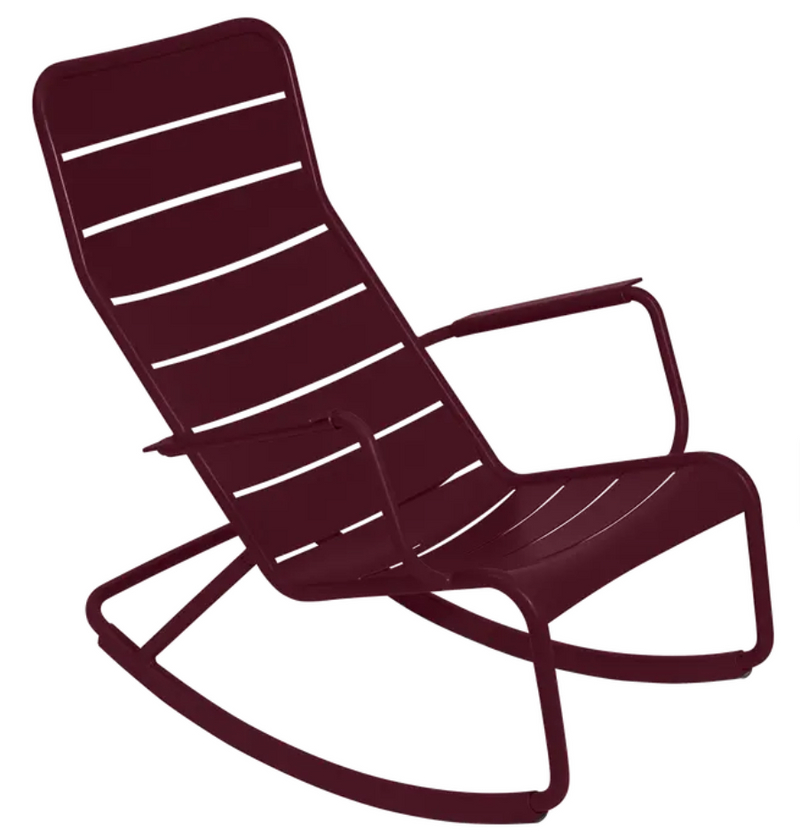 Load image into Gallery viewer, Black Fermob Luxembourg outdoor rocking chair made of aluminum, designed for comfortable outdoor lounging and stylish garden furniture.
