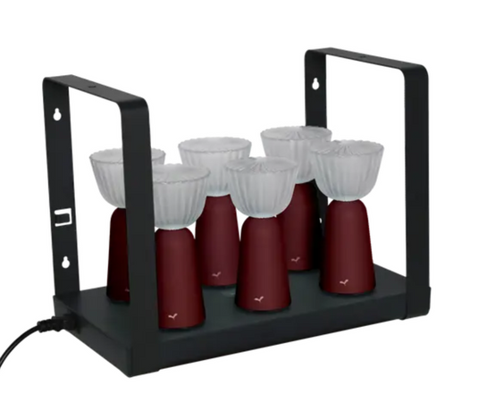 Set of 6 black Fermob Swing outdoor lamps with rechargeable batteries and charging tray, ideal for outdoor living spaces.