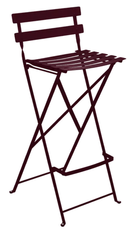 Black cherry red Fermob Bistro High Stool, foldable bar chair with outdoor-friendly design and sleek, modern style.