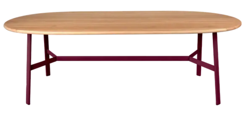 Load image into Gallery viewer, Fermob SO'O Oval 220x95 cm oak dining table with 8 seats, solid wood construction, black cherry finish.
