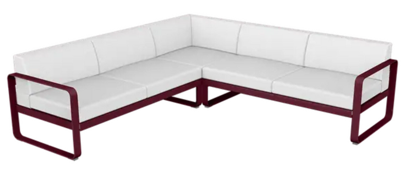 Load image into Gallery viewer, Fermob Bellevie Composition 2 outdoor lounge set with black, cherry, blue, and off-white cushions and modular sofa design.
