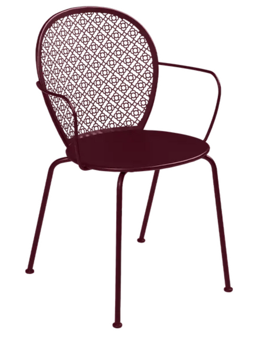 Black Cherry Fermob Lorette outdoor metal armchair with curved armrests and slatted back, suitable for garden or patio seating.