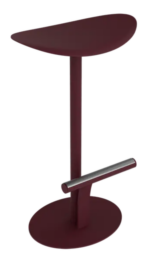 Black cherry and beige Fermob Bolder outdoor bar stool with powder-coated metal frame and modern design.
