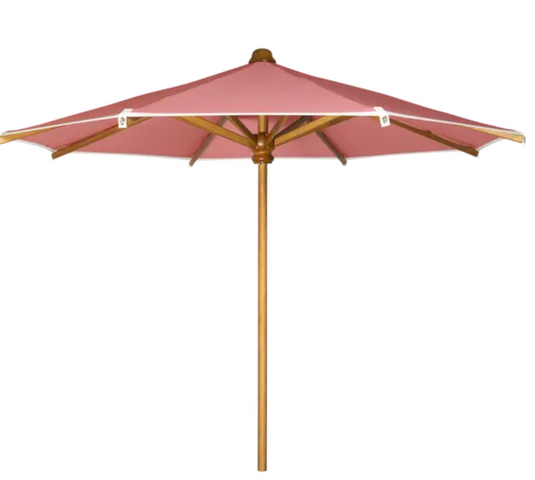 Blush pink KOTO Teak Parasol by Fermob with 250cm diameter, suitable for terraces or gardens in Ireland.