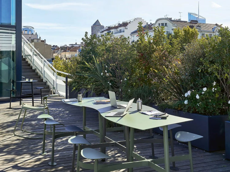 Fermob Bolder 3 Seater bar stool with integrated seating, featuring a modern square design and outdoor metal construction.