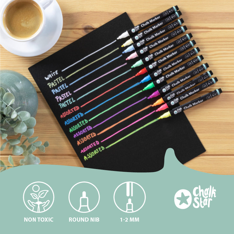 Load image into Gallery viewer, Securit Chalkmarkers - Chalk Marker Fine Bullet Nib Set of 4 Pastel Colours - Pack of 10 – in use
