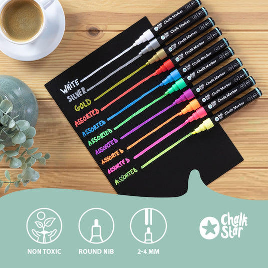 Securit Chalkmarkers - Chalk Markers Bullet Nib Set of 4 White Markers - Pack of 10 – in use
