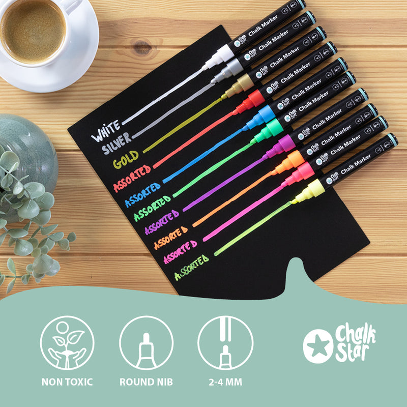 Load image into Gallery viewer, Securit Chalkmarkers - Chalk Marker Bullet Nib Set of 7 Assorted Colours - Pack of 10 - in use
