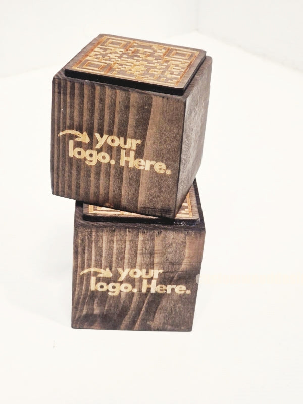 Stained and branded 5-sided QR code block by Custom Wood Designs, featuring detailed wood grain and custom branding on all sides.