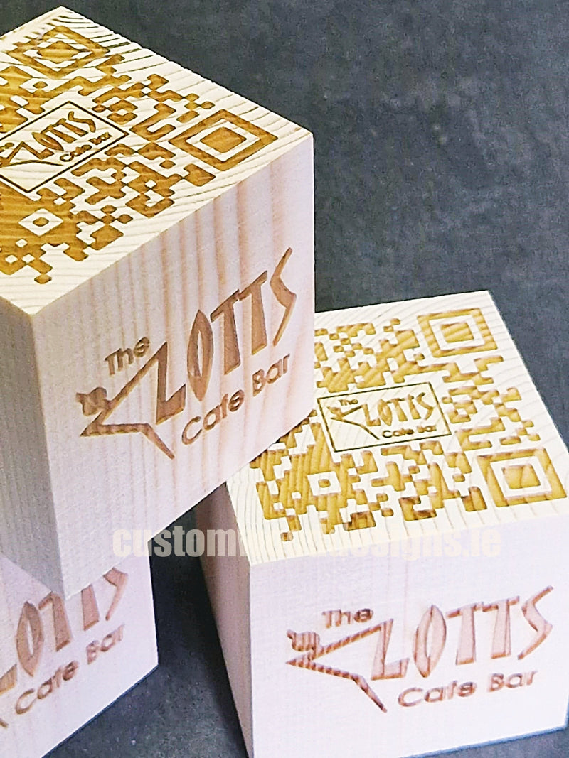 Load image into Gallery viewer, QR Code Block Natural 5 sides Branded 10-1000 Custom Wood Designs CUSTOM_3_2973a470-1994-47e0-b50a-5fdf42a85ed3
