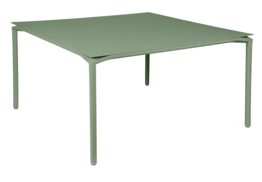 Fermob CALVI square metal dining table, 140x140 cm, eight seater, with a sleek, modern design and cactus green finish.