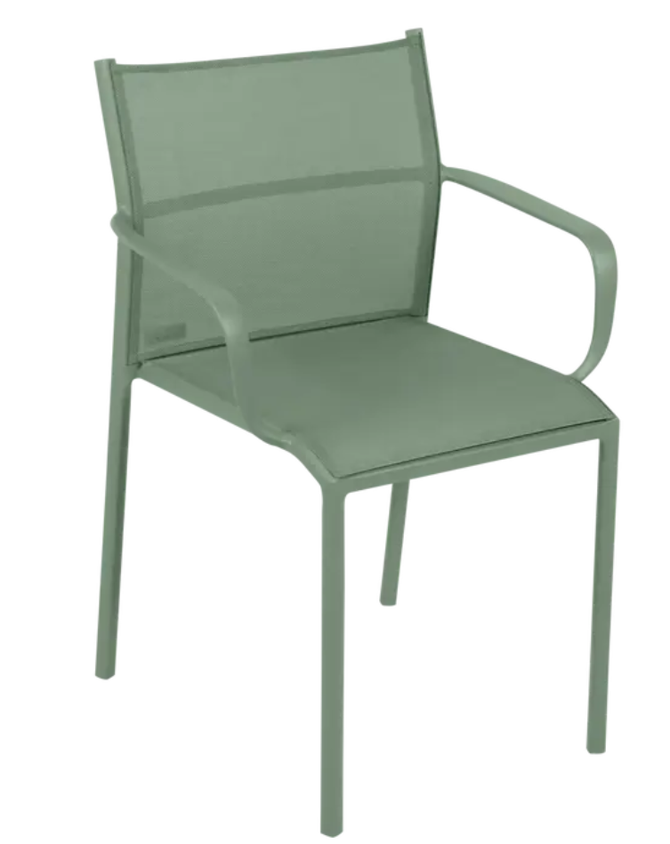 Load image into Gallery viewer, Fermob Cadiz outdoor aluminum armchair with technical fabric seat in a cactus green color, designed for patio or garden use.

