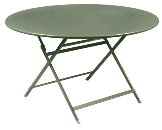 Fermob Caractère foldable metal table with an Ø128 cm surface, eight-seater design, suitable for outdoor dining and gatherings.