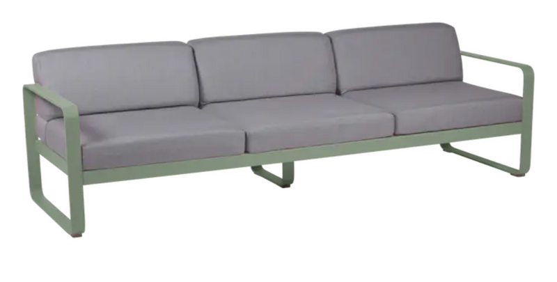 Load image into Gallery viewer, Grey Fermob Bellevie 3-seater outdoor sofa with metal frame, featuring plush cushions and cactus pattern fabric for outdoor comfort.
