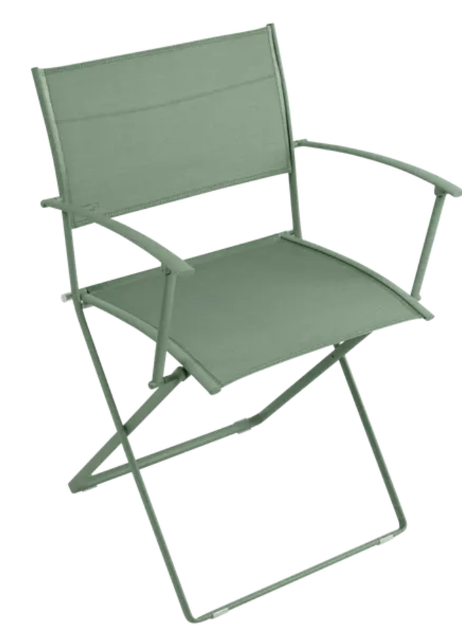 Load image into Gallery viewer, Fermob Plein Air Armchair folding chair in cactus green, featuring a lightweight, portable design with a slatted seat and backrest.
