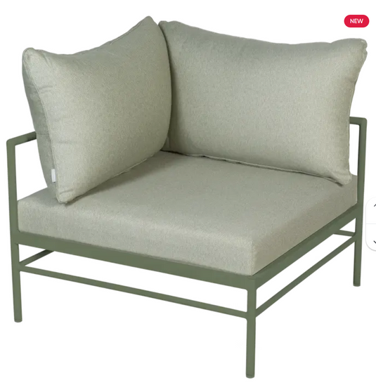 Fermob Rivage corner armchair in cactus meadow green, outdoor metal sofa with a modern design for patio or garden seating.