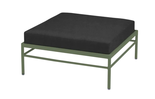 Fermob Rivage outdoor ottoman with a cactus night grey finish, featuring a metal frame and lounge-style design.
