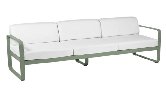 Bellevie 3-seater outdoor sofa by Fermob featuring a white metal frame and cactus-patterned fabric for stylish outdoor seating.
