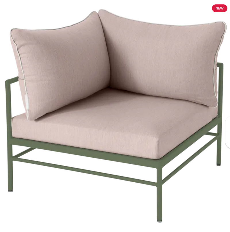 Load image into Gallery viewer, Fermob Rivage corner outdoor armchair with metal frame, featuring cactus and papyrus patterned cushions on a patio setting
