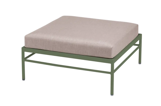 Fermob Rivage outdoor ottoman with metal frame and cactus-inspired fabric, perfect for patio lounge seating.
