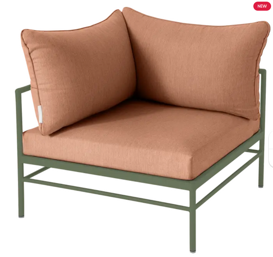 Fermob Rivage Corner Armchair, outdoor metal corner sofa with cactus peach cushions, stylish and weather-resistant for patio seating.