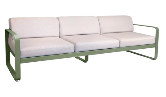 Fermob CactusPearl Bellevie 3-seater outdoor sofa with metal frame and plush cushions for garden or patio relaxation.