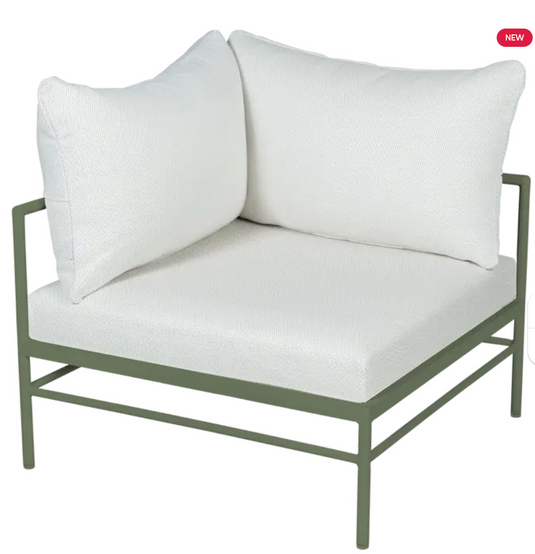 Fermob Rivage Corner Armchair, outdoor metal corner sofa with beige cushions and metal frame, designed for patio or garden use.