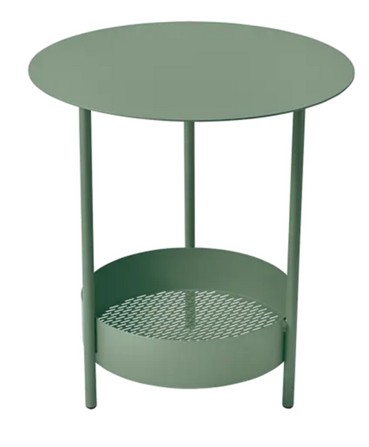 Fermob Salsa pedestal side table with cactus green finish, outdoor furniture style, showing smooth round tabletop and sturdy base.