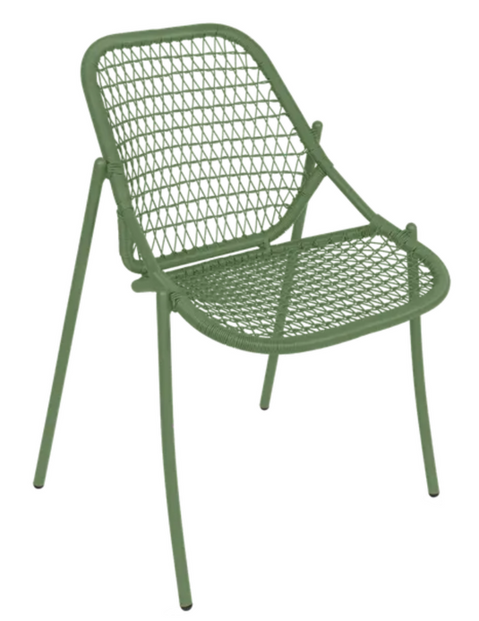Fermob Sixties stackable outdoor knitted cactus chair with a modern, colorful design and sturdy metal frame.