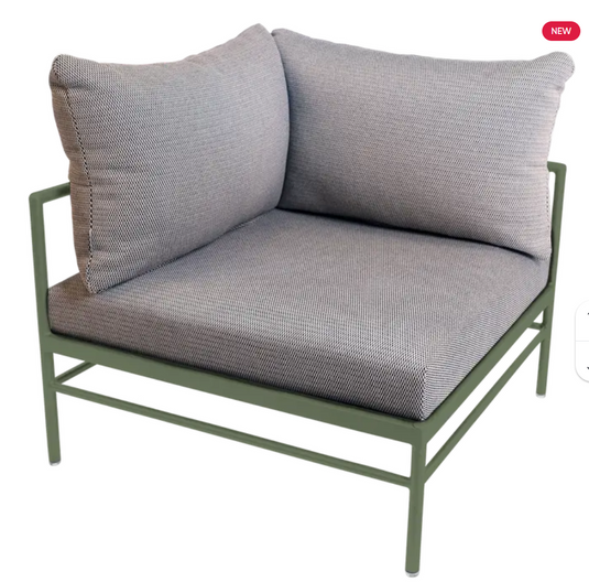 Fermob Rivage corner outdoor armchair with metal frame and cactus-pattern cushions, part of the Rivage corner sofa collection.
