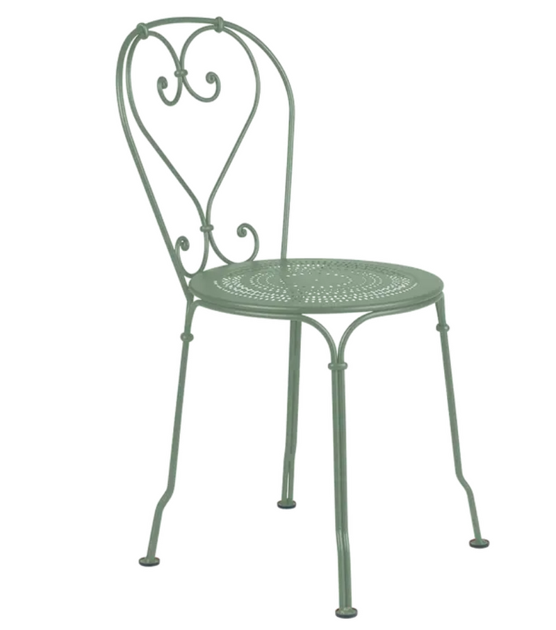Load image into Gallery viewer, Fermob 1900 outdoor cactus-colored chair with curved metal frame and slatted seat, perfect for garden or patio seating.
