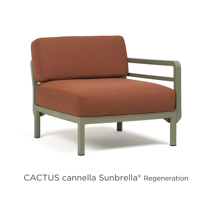 Load image into Gallery viewer, Nardi Maximo modular end sofa in cactus green, with sunbrella fabric, on a hotel terrace featuring corner seating elements.
