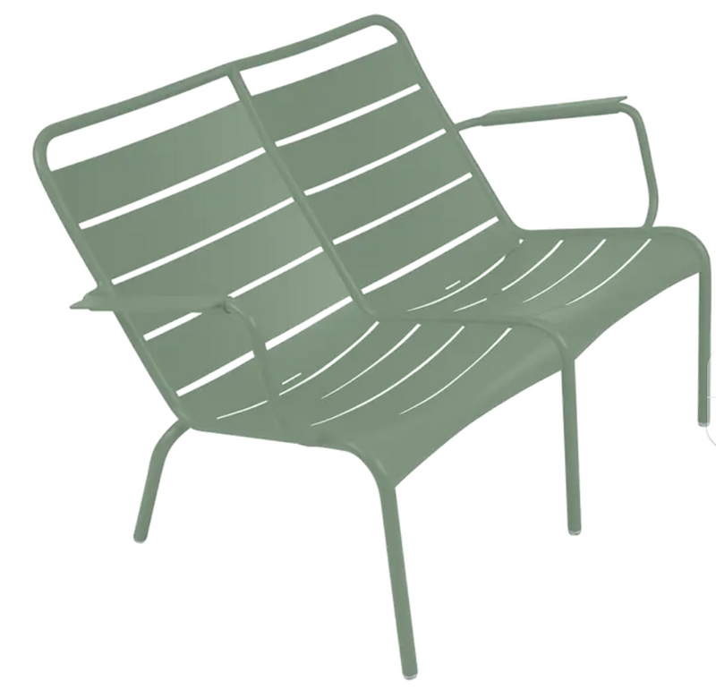Load image into Gallery viewer, Fermob Luxembourg Duo Low Armchair and Fermb Kids Corner Contract Bench with cactus design, modern outdoor furniture set.
