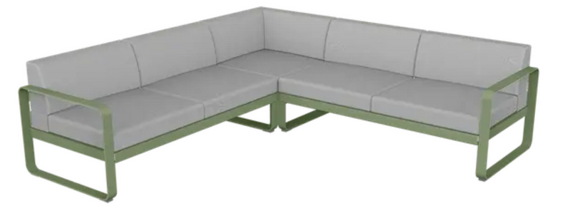 Load image into Gallery viewer, Fermob Bellevie Composition 2 outdoor sofa set with grey cushions and cactus-colored fabric, modular lounge for outdoor seating.
