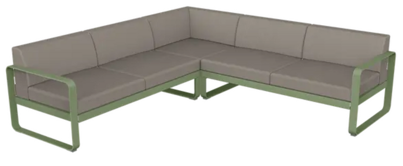 Load image into Gallery viewer, Fermob Bellevie Composition 2 outdoor lounge sofa set with cactus, grey, and taupe cushions and modular design.
