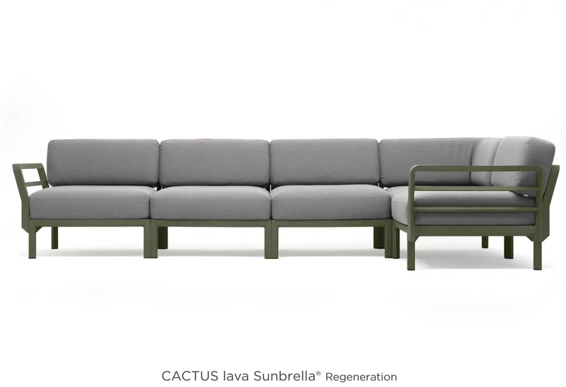 Load image into Gallery viewer, Maximo 5 modular outdoor sofa by Custom Wood Designs, featuring cactus lava cushions on a hotel terrace seating system.
