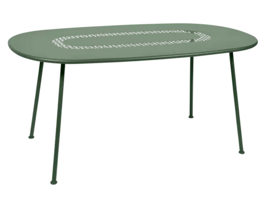 Fermob Lorette oval metal outdoor dining table, 160x90 cm, with a sleek design and cactus-patterned surface.