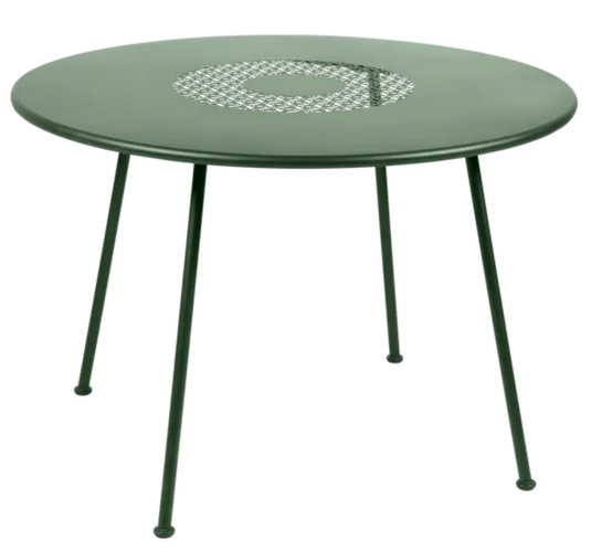 Fermob LORETTE round garden table with 110cm diameter, metal construction, fire-resistant surface, outdoor metal furniture.