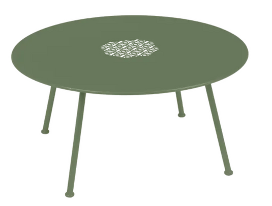 White Fermob Lorette low metal coffee table with an 80cm diameter, outdoor cactus design, fire-resistant and suitable for outdoor areas.