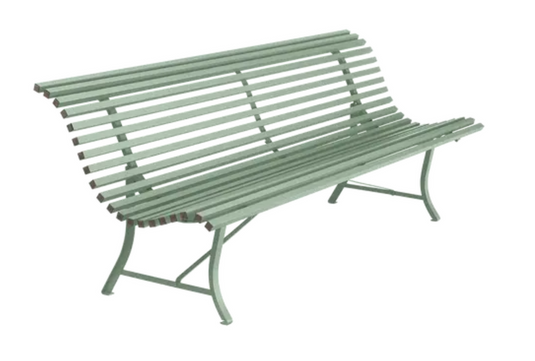 Fermob Louisiane 200cm outdoor folding bench with four seats, metal garden furniture in a cactus green finish.