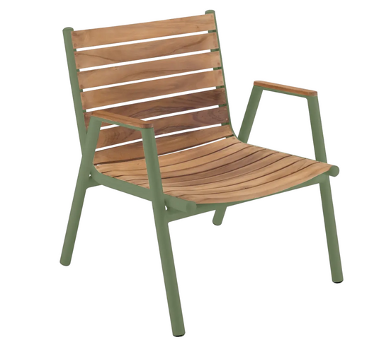 Fermob Pilotis teak outdoor low armchair with solid teak construction, designed for comfortable outdoor seating.