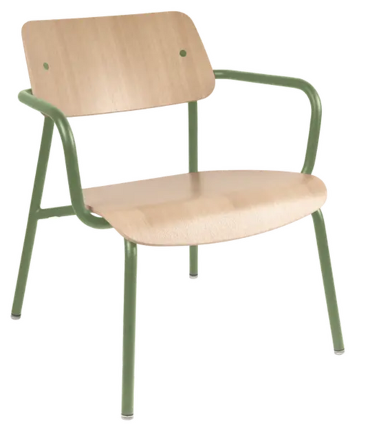 Fermob Studie Oak Lounge Armchair with metal frame and wooden seat, designed for comfortable office or lounge seating.